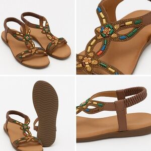 Patritzia by Spring Blvd Beaded Multicolour Leather Sandals Brown Strappy 7.5​